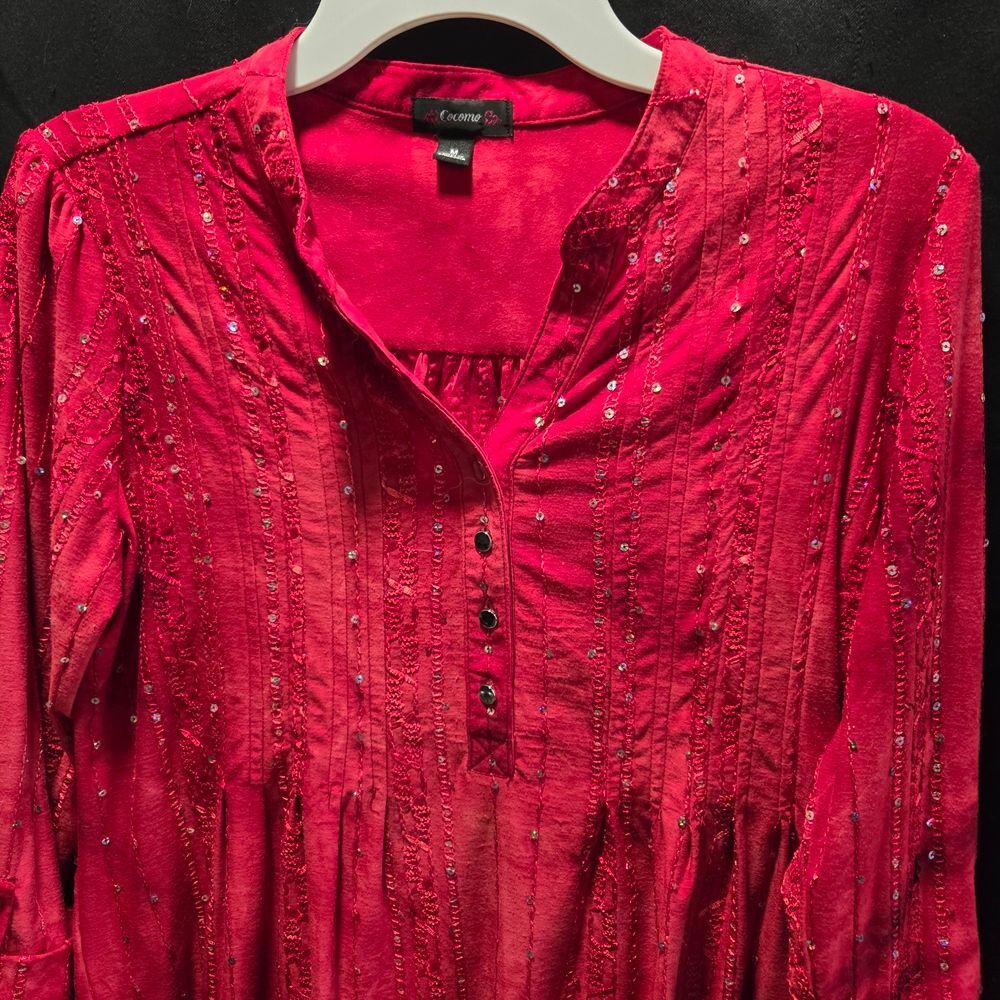 Cocomo Sequin Blouse M Deep Red Stretch Top Flowy Tunic Style Embellished Chic